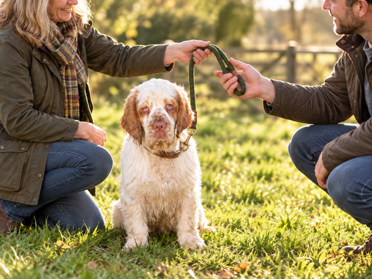 Two people handing over a Clumber Spaniel on a lead to symbolise shared stewardship and protection of a vulnerable dog breed