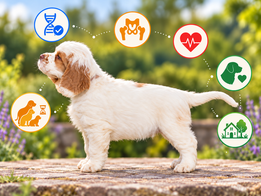 Clumber Spaniel puppy with icons representing DNA testing, joint health, heart health, temperament, family history and environment in responsible breeding