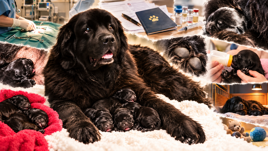 Newfoundland mother with newborn puppies alongside veterinary care, feeding and paperwork illustrating the hidden costs of responsible rare breed preservation