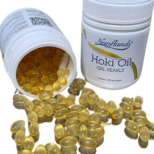 Newflands Hoki Oil and soft gel capsules for dogs and cats, supporting skin, coat, joints, and daily pet wellbeing