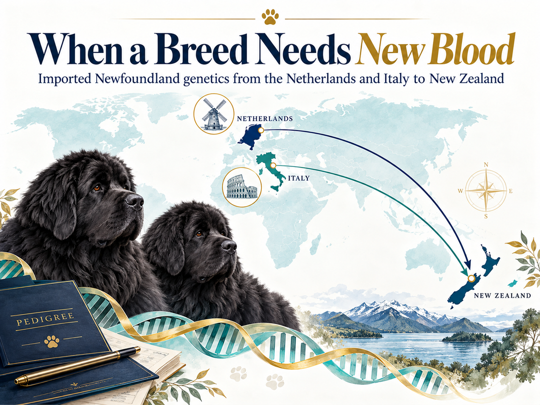 World map showing imported Newfoundland genetics from the Netherlands and Italy to New Zealand to support genetic diversity in a vulnerable breed