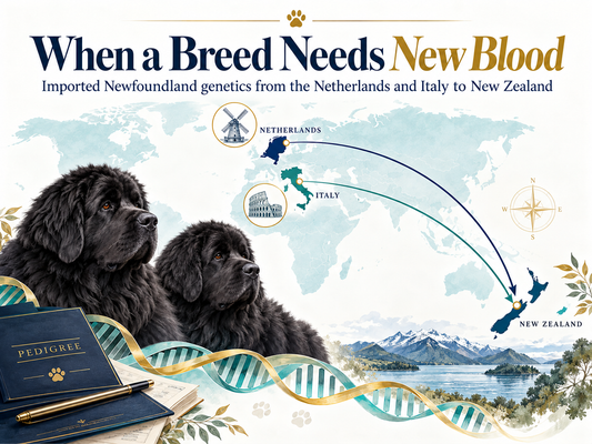 World map showing imported Newfoundland genetics from the Netherlands and Italy to New Zealand to support genetic diversity in a vulnerable breed