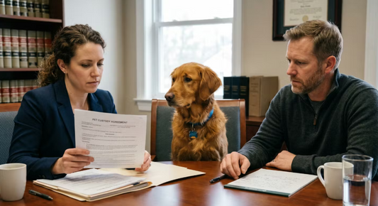 Dog sitting between two people during pet custody planning