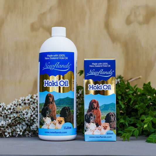 Newflands Hoki Oil bottle for dogs and cats, supporting skin, coat, joints, mobility, and daily pet wellbeing