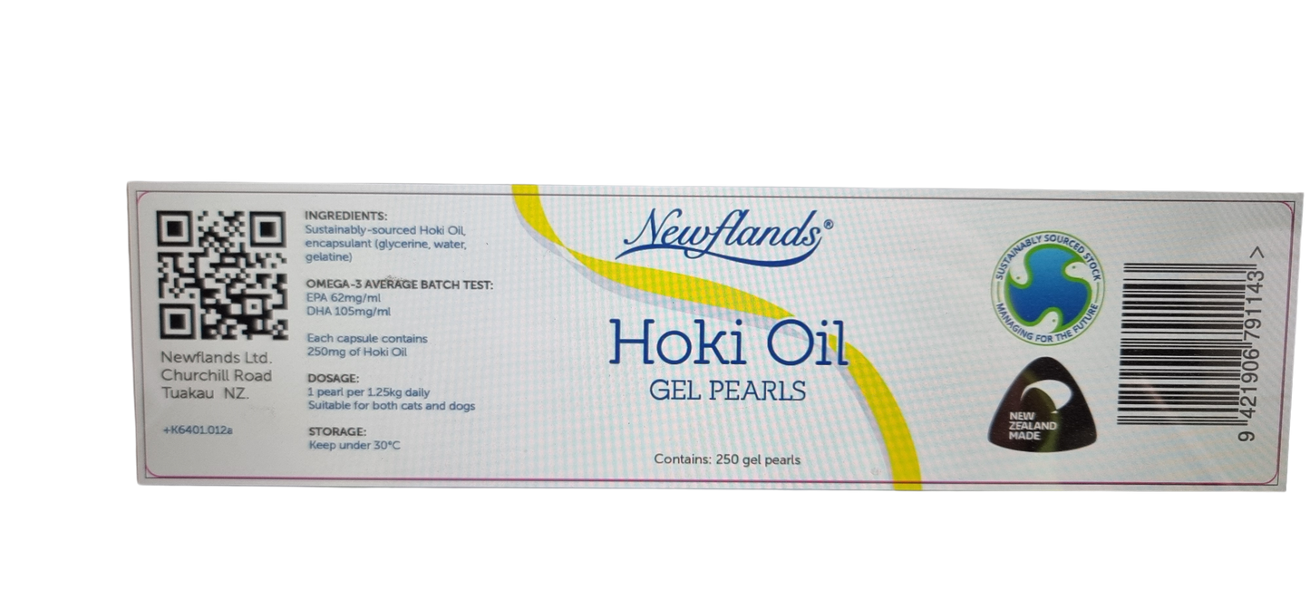 Hoki fish oil label from Newflands showing   dosage  and quantity of 250 capsules